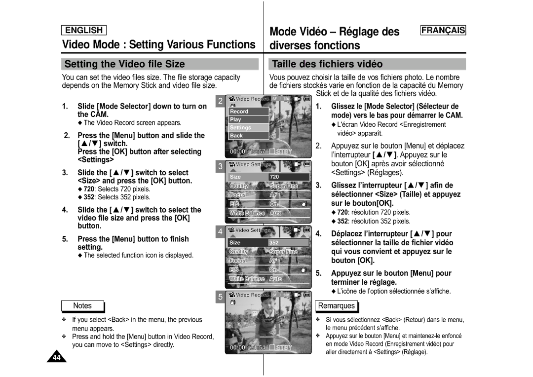 Samsung CAMCORDER manual Video Mode Setting Various Functions, Diverses fonctions 