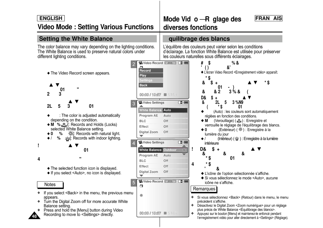 Samsung CAMCORDER Setting the White Balance Quilibrage des blancs, Indoor Intérieur Enregistre à la lumière intérieure 