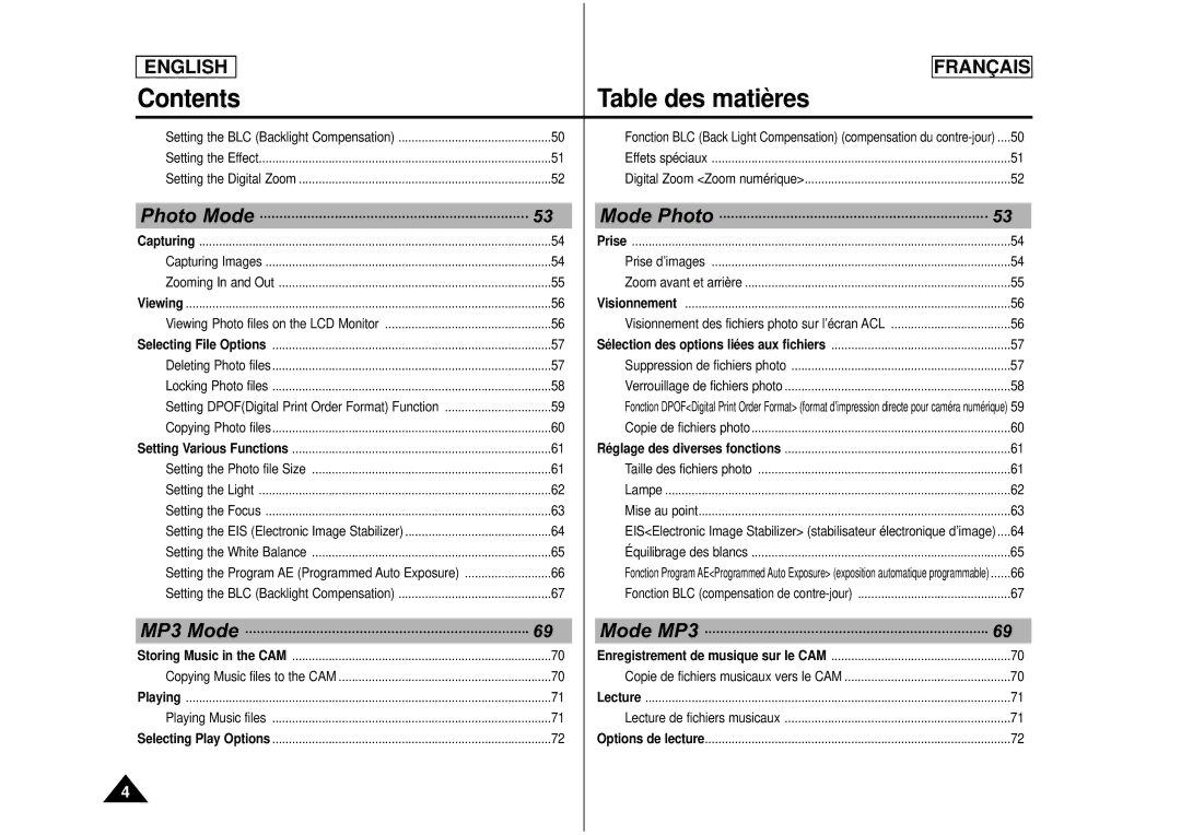 Samsung CAMCORDER manual Contents Table des matières 