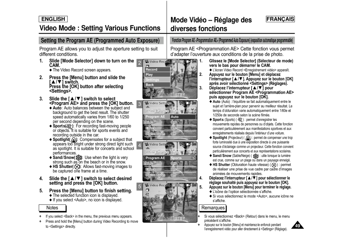 Samsung CAMCORDER manual Setting the Program AE Programmed Auto Exposure, Slide Mode Selector down to turn on 