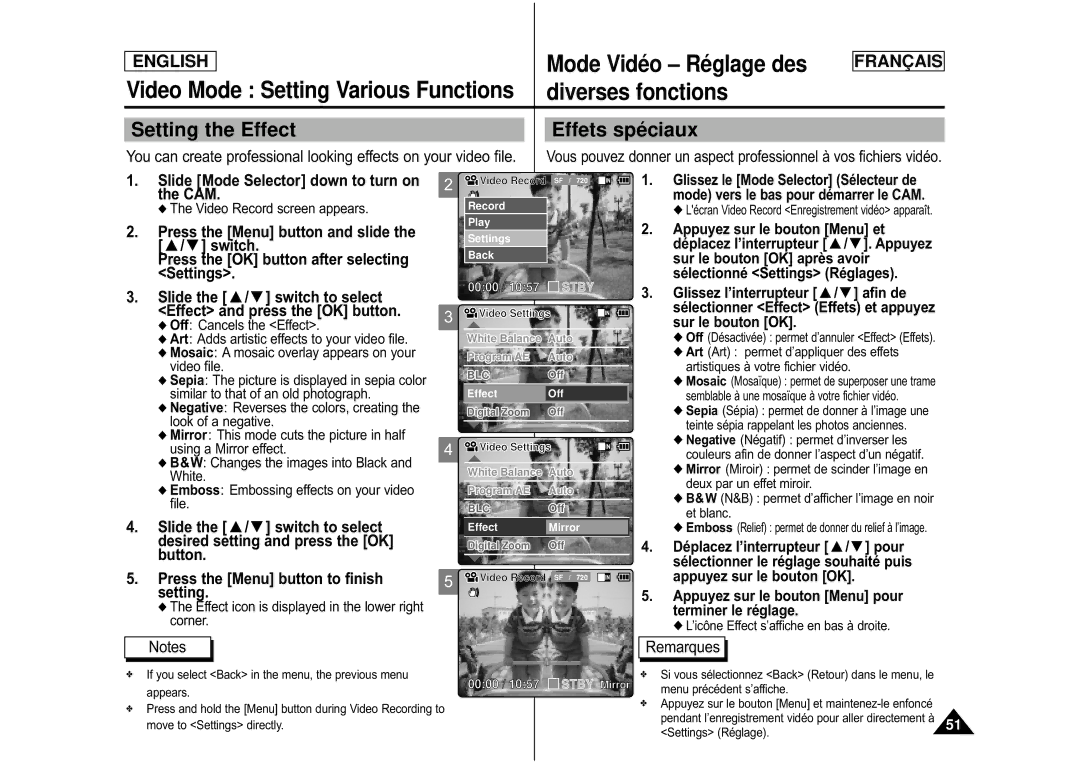 Samsung CAMCORDER manual Setting the Effect Effets spé ciaux, Effect icon is displayed in the lower right corner 