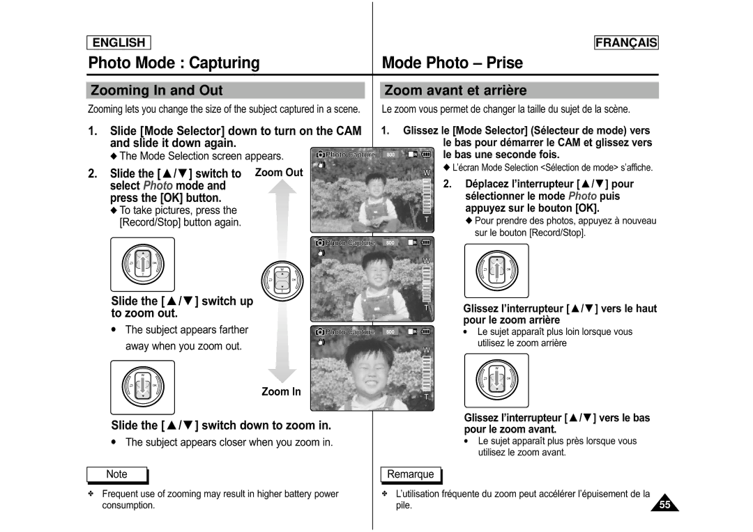 Samsung CAMCORDER manual Zooming In and Out, Utilisez le zoom arrière 