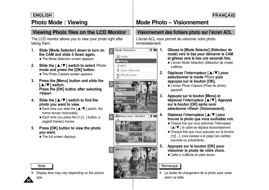 Samsung CAMCORDER manual Photo Mode Viewing Mode Photo Visionnement, Viewing Photo files on the LCD Monitor 