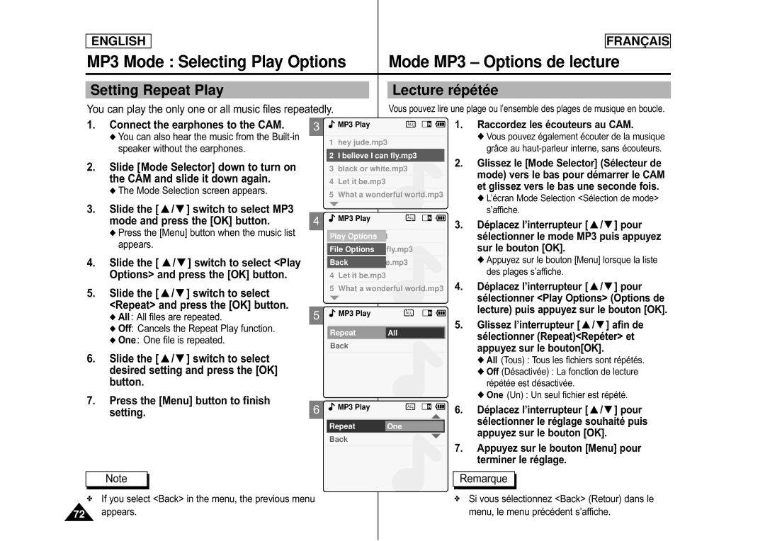Samsung CAMCORDER MP3 Mode Selecting Play Options Mode MP3 Options de lecture, Setting Repeat Play Lecture ré pé té e 