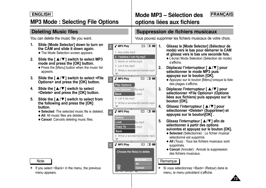 Samsung CAMCORDER manual MP3 Mode Selecting File Options, Mode MP3 Sé lection des, Options lié es aux fichiers 