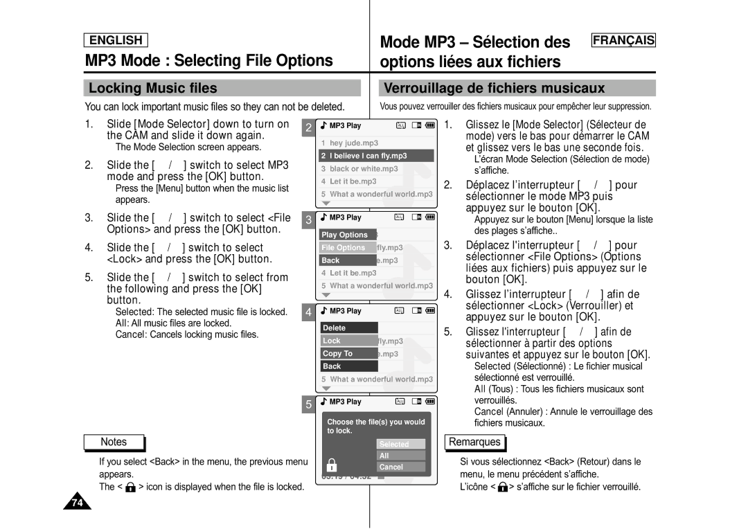 Samsung CAMCORDER manual Locking Music files, Verrouillage de fichiers musicaux 