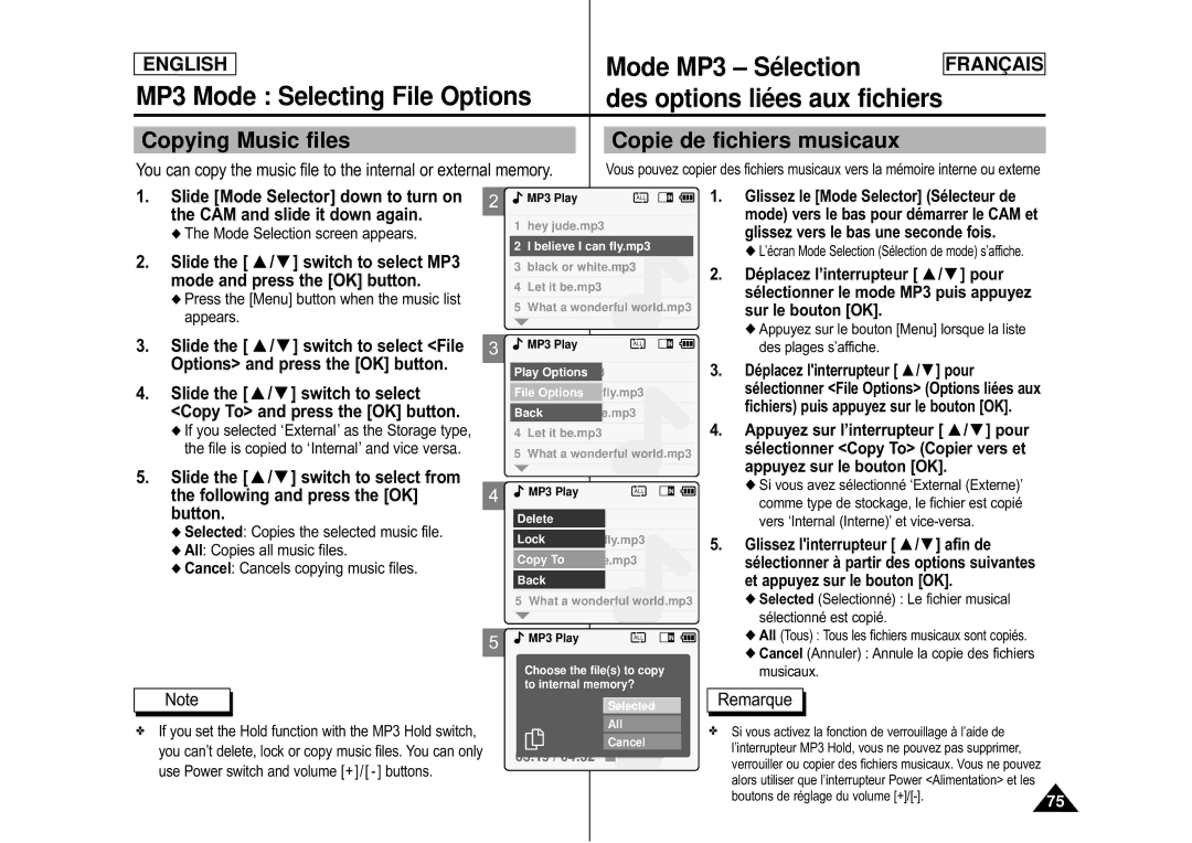 Samsung CAMCORDER manual Mode MP3 Sé lection, Copying Music files Copie de fichiers musicaux 