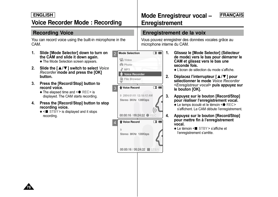 Samsung CAMCORDER manual Voice Recorder Mode Recording, Enregistrement, Mode Enregistreur vocal 