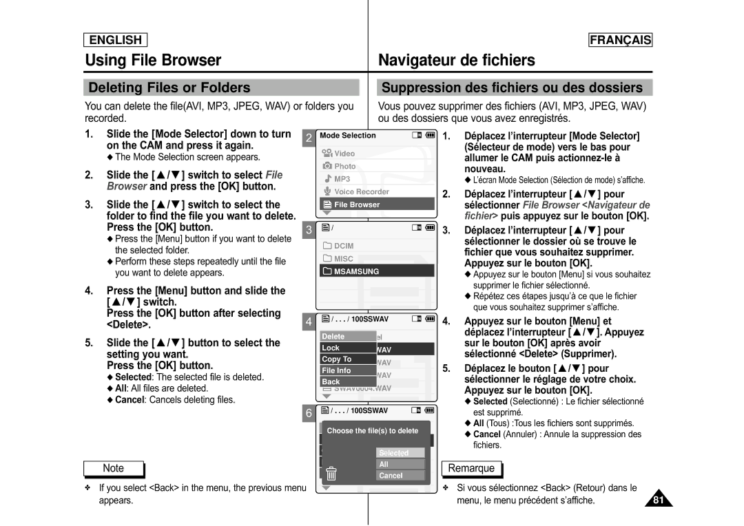 Samsung CAMCORDER manual Using File Browser Navigateur de fichiers, Deleting Files or Folders, Sélectionné Delete Supprimer 