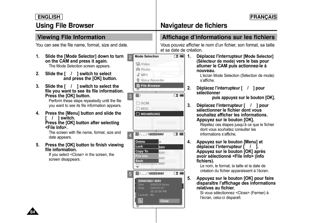 Samsung CAMCORDER manual Viewing File Information, Affichage d’informations sur les fichiers, Date appears 