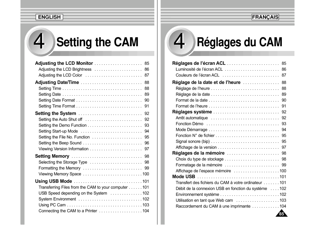 Samsung CAMCORDER manual Setting the CAM, Réglages de l’écran ACL 