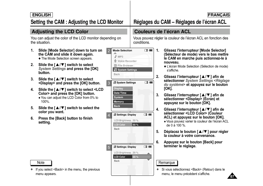 Samsung CAMCORDER manual Adjusting the LCD Color, Couleurs de l’é cran ACL, You can adjust the LCD Color from 0% to 100% 