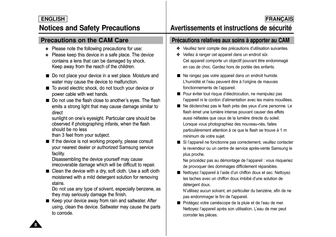 Samsung CAMCORDER manual Precautions on the CAM Care, Précautions relatives aux soins à apporter au CAM 