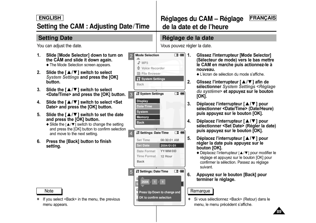 Samsung CAMCORDER manual Setting the CAM Adjusting Date/Time, Setting Date, Ré glage de la date 