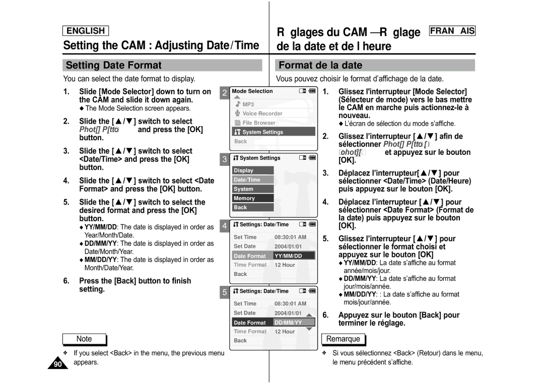 Samsung CAMCORDER manual Ré glages du CAM Ré glage, Setting Date Format, Format de la date 