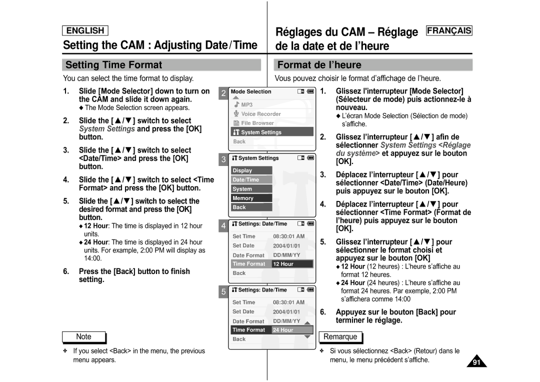 Samsung CAMCORDER manual Setting Time Format, Format de l’heure 