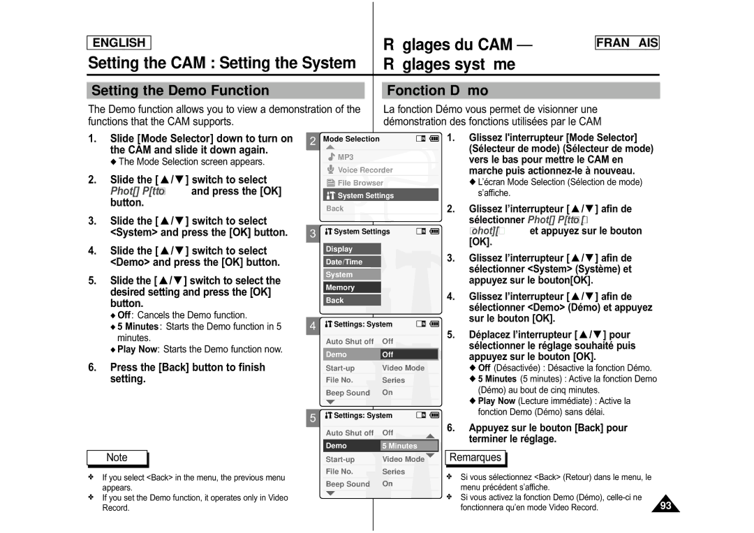 Samsung CAMCORDER manual Setting the CAM Setting the System, Setting the Demo Function Fonction Dé mo 