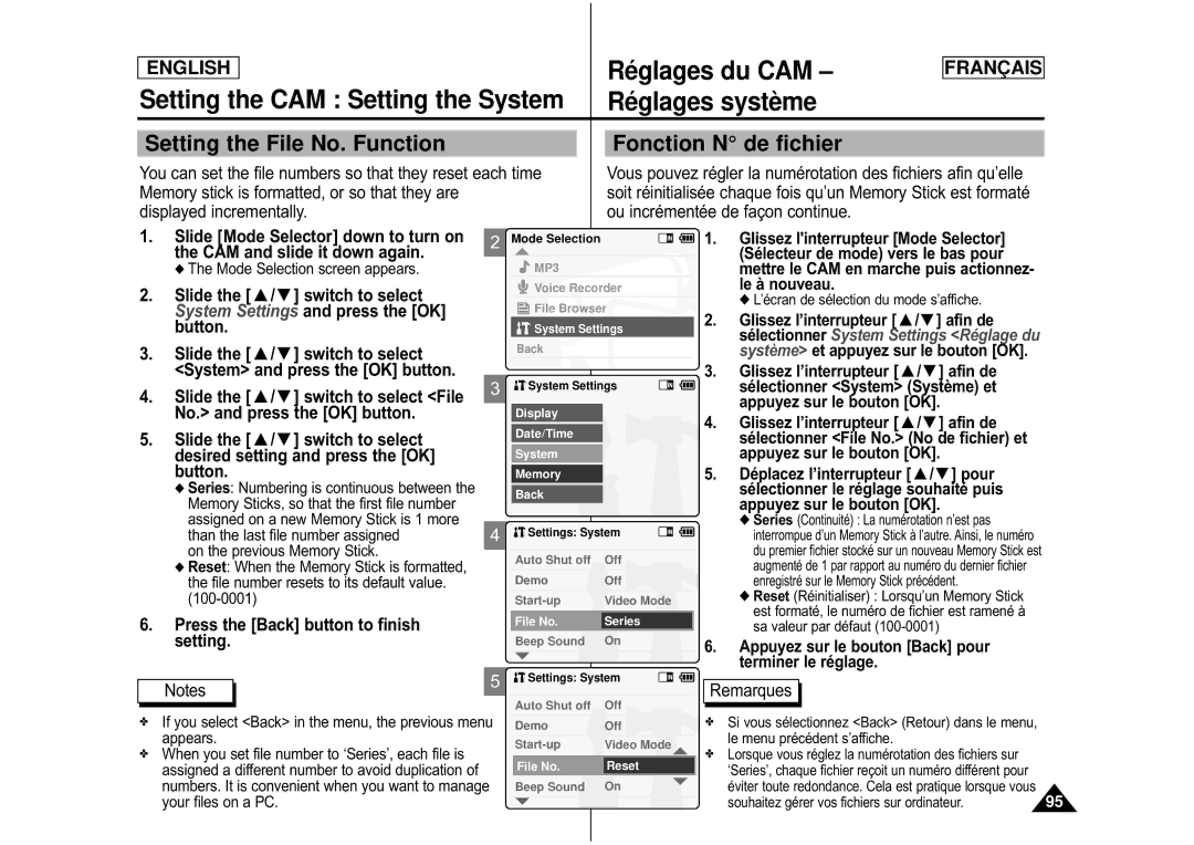 Samsung CAMCORDER manual Setting the File No. Function Fonction N de fichier, Press the Back button to finish 