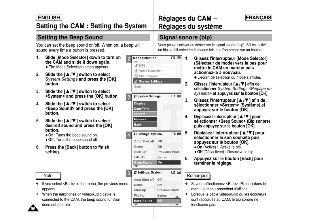 Samsung CAMCORDER manual Ré glages du CAM, Ré glages du systè me, Setting the Beep Sound, Does not operate 