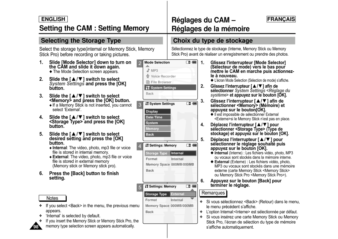 Samsung CAMCORDER manual Setting the CAM Setting Memory, Ré glages de la mé moire 