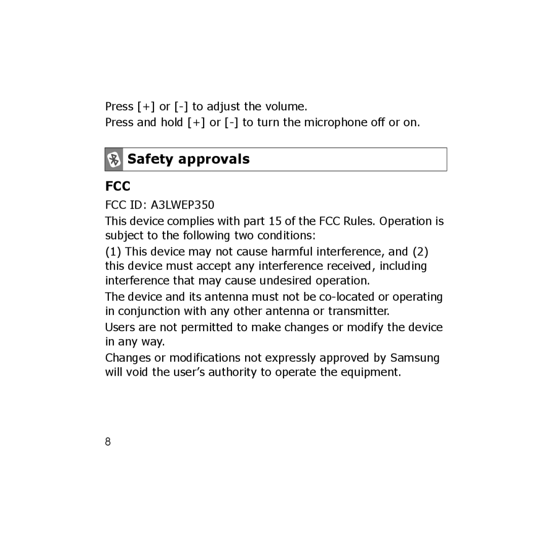 Samsung WEP350 BLACK, CBAAG-00036 manual Safety approvals, Fcc 