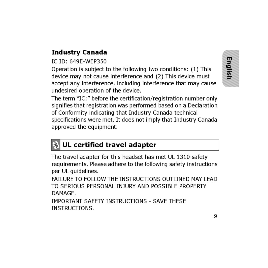 Samsung CBAAG-00036, WEP350 BLACK manual Industry Canada, UL certified travel adapter 