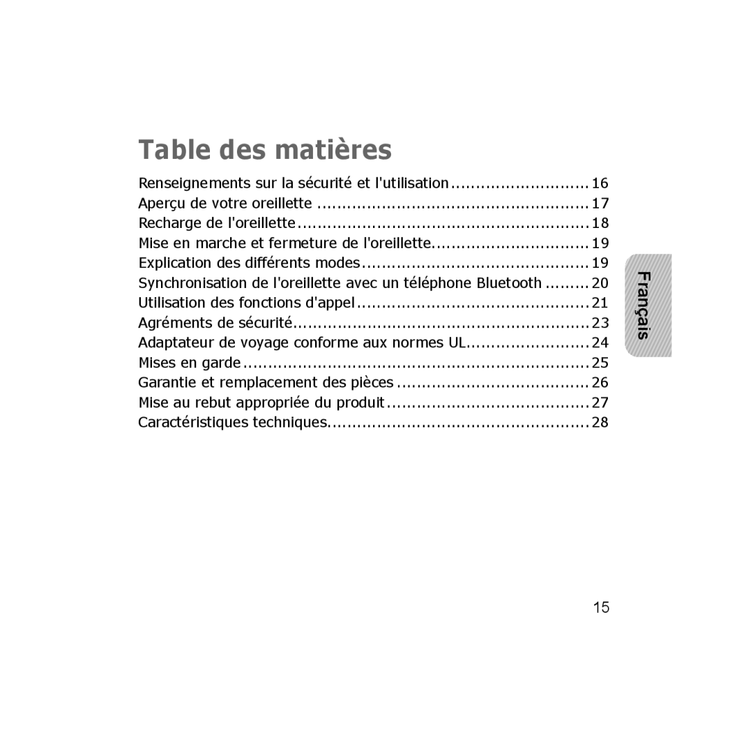 Samsung CBAAG-00036, WEP350 BLACK manual Table des matières 