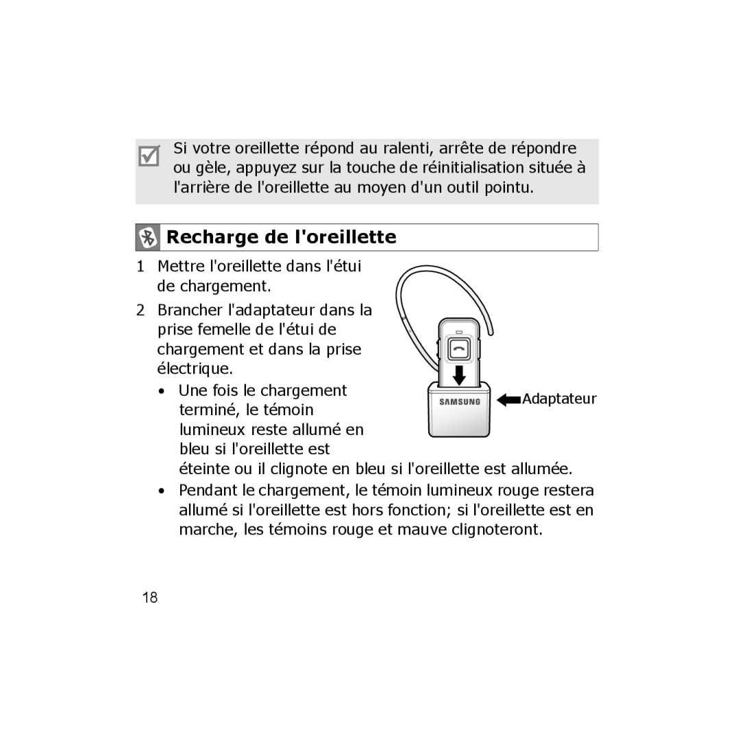 Samsung WEP350 BLACK, CBAAG-00036 manual Recharge de loreillette 