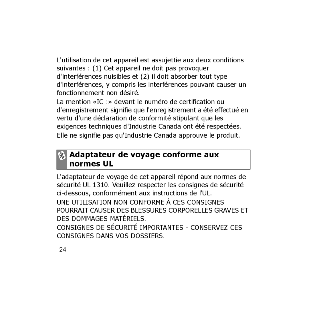 Samsung WEP350 BLACK, CBAAG-00036 manual Adaptateur de voyage conforme aux normes UL 