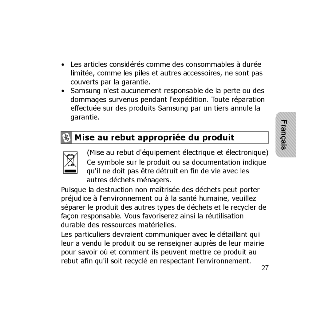 Samsung CBAAG-00036 manual Mise au rebut appropriée du produit, Mise au rebut déquipement électrique et électronique 