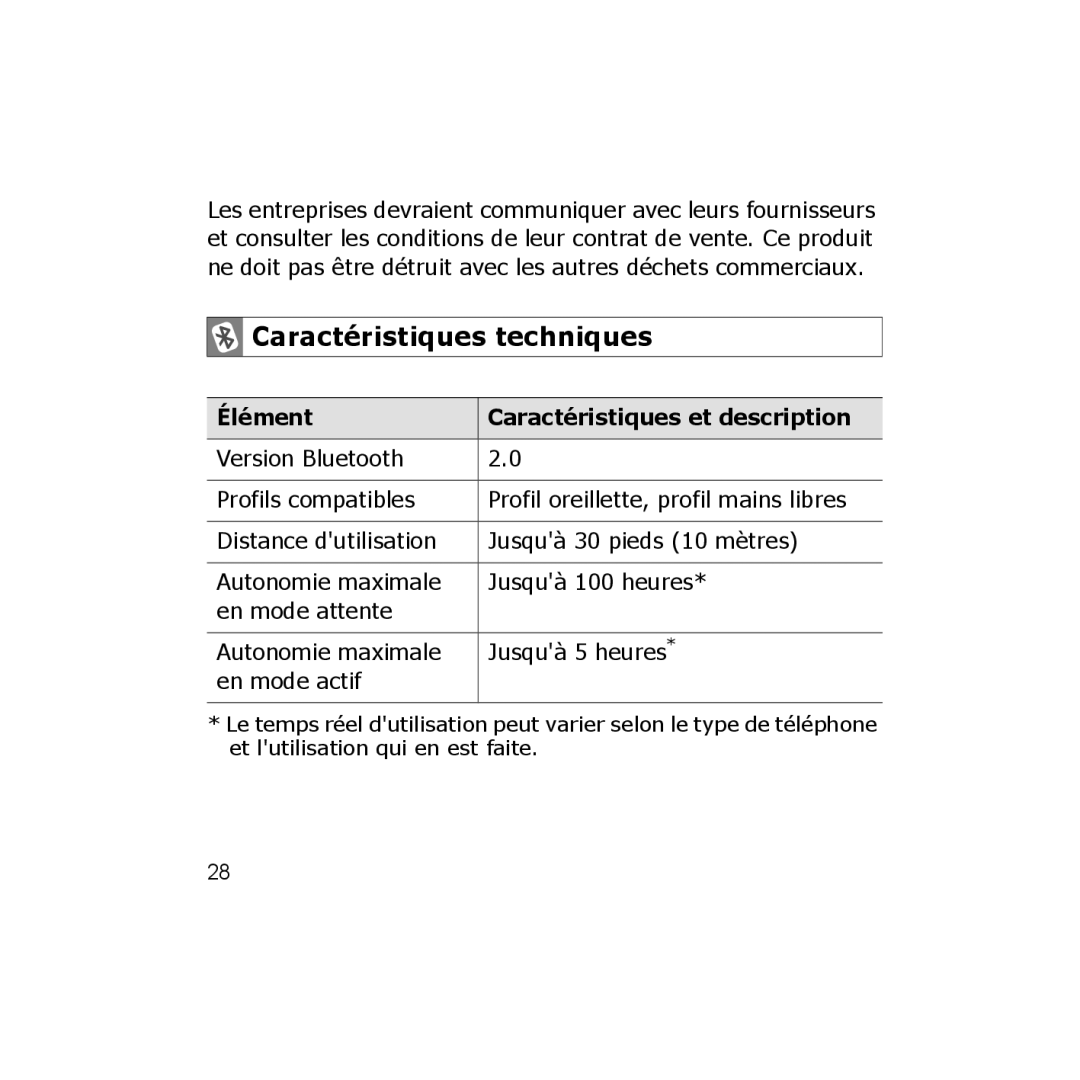 Samsung WEP350 BLACK, CBAAG-00036 manual Caractéristiques techniques, Élément Caractéristiques et description 