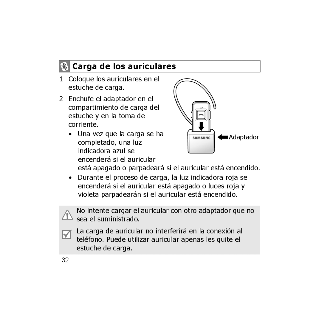 Samsung WEP350 BLACK, CBAAG-00036 manual Carga de los auriculares 