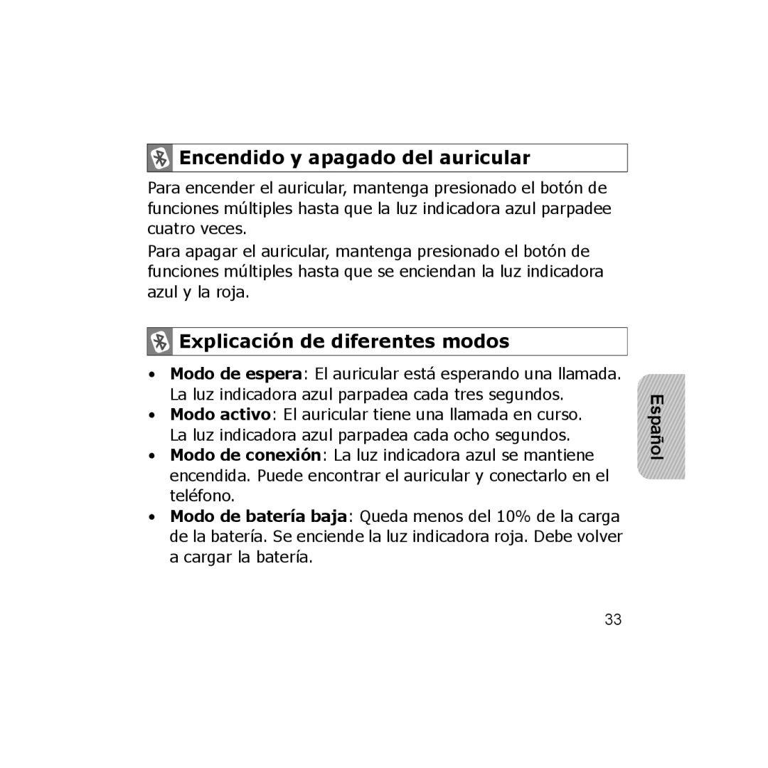 Samsung CBAAG-00036, WEP350 BLACK manual Encendido y apagado del auricular, Explicación de diferentes modos 