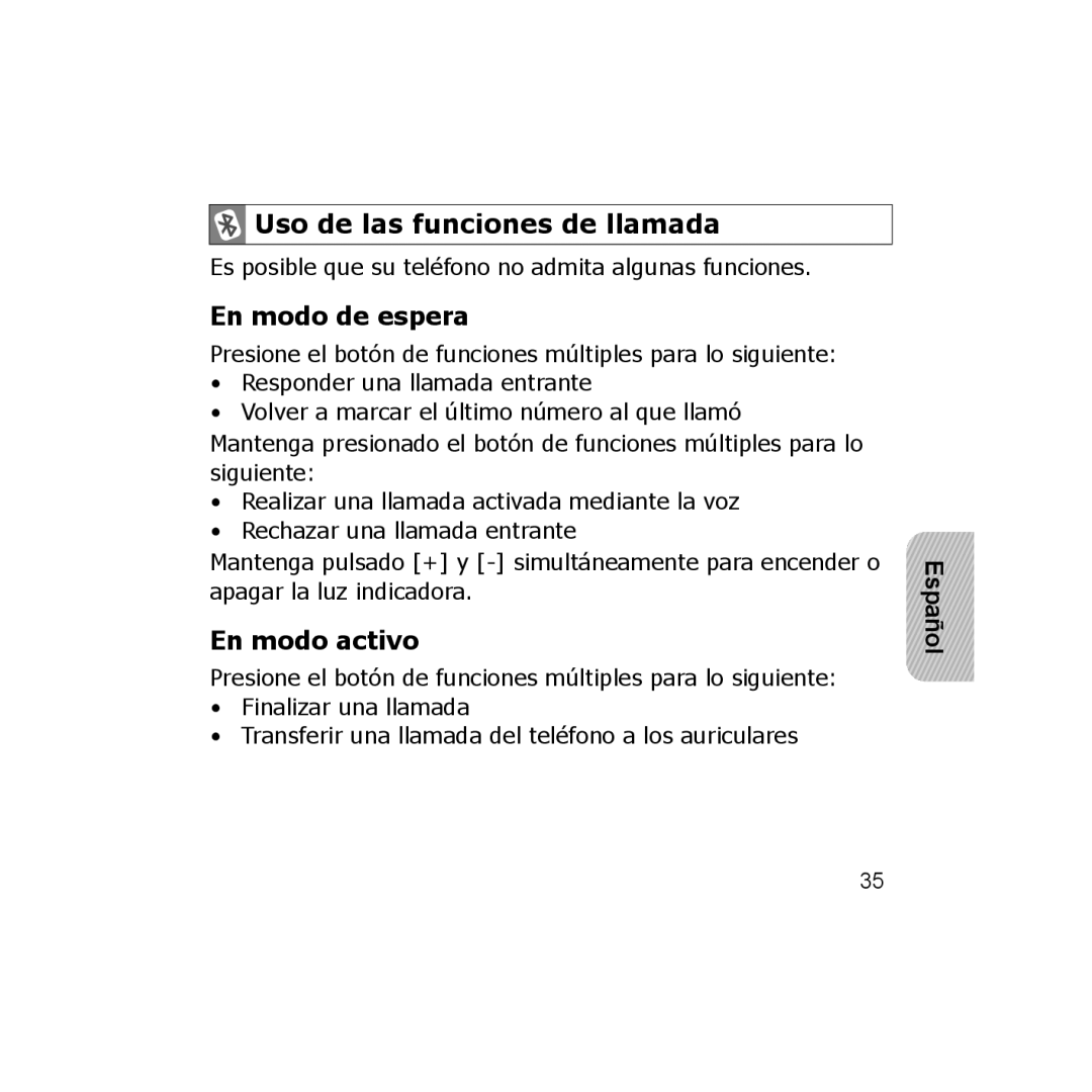 Samsung CBAAG-00036, WEP350 BLACK manual Uso de las funciones de llamada, En modo de espera, En modo activo 