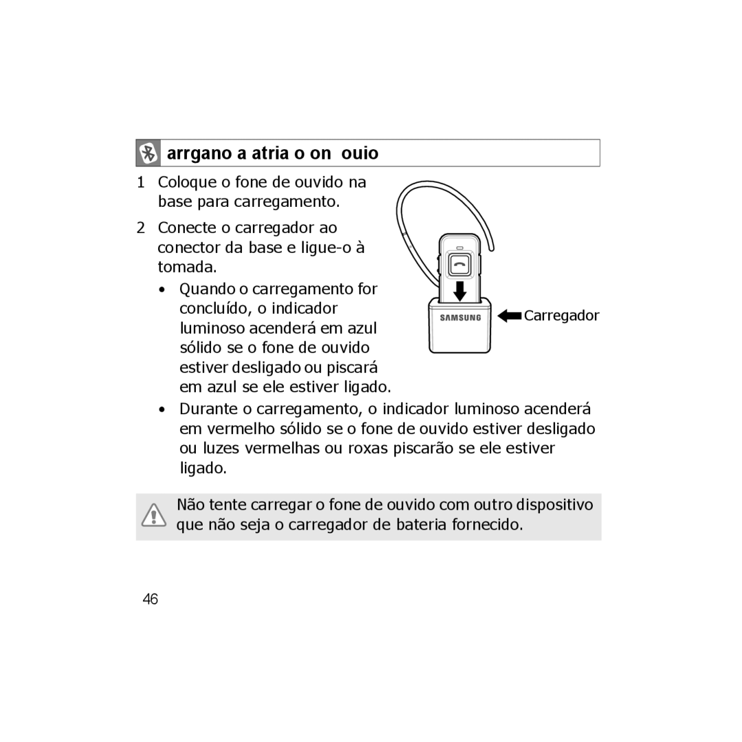 Samsung WEP350 BLACK, CBAAG-00036 manual Carregando a bateria do fone de ouvido 