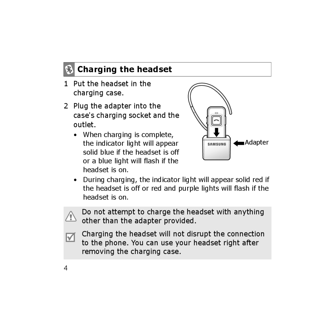 Samsung WEP350 BLACK, CBAAG-00036 manual Charging the headset 