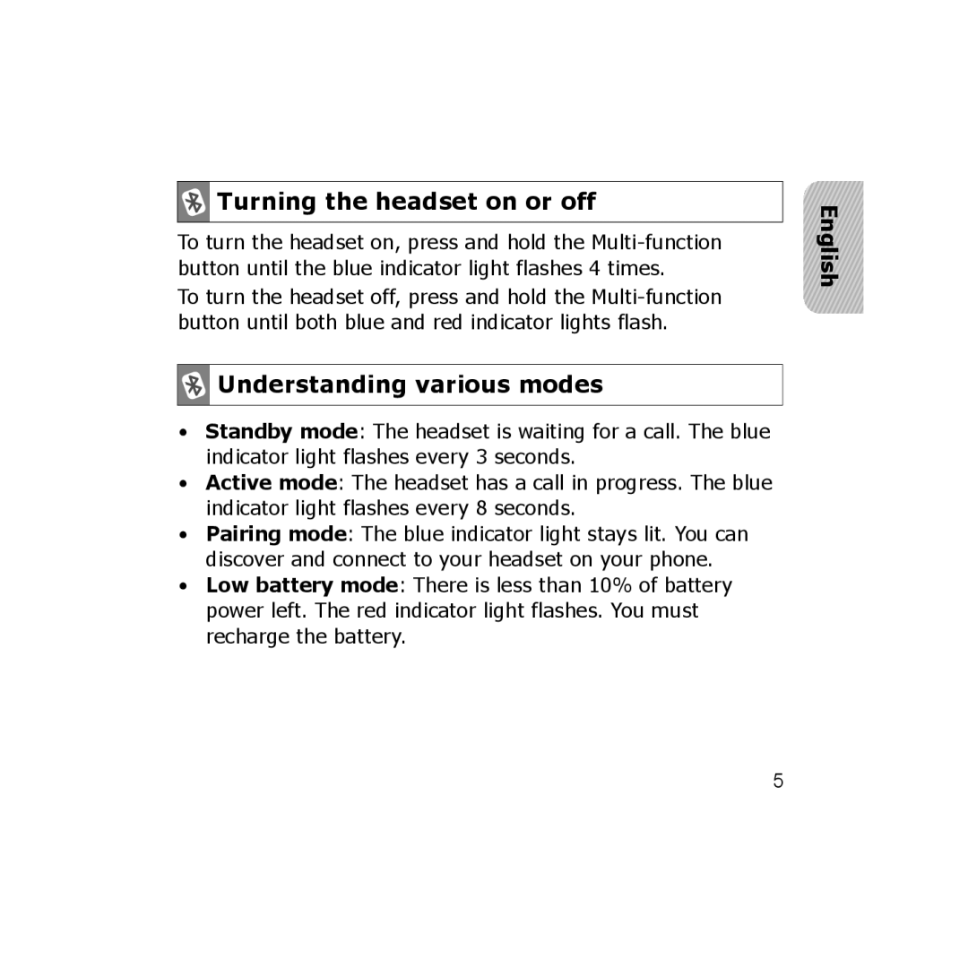 Samsung CBAAG-00036, WEP350 BLACK manual Turning the headset on or off, Understanding various modes 