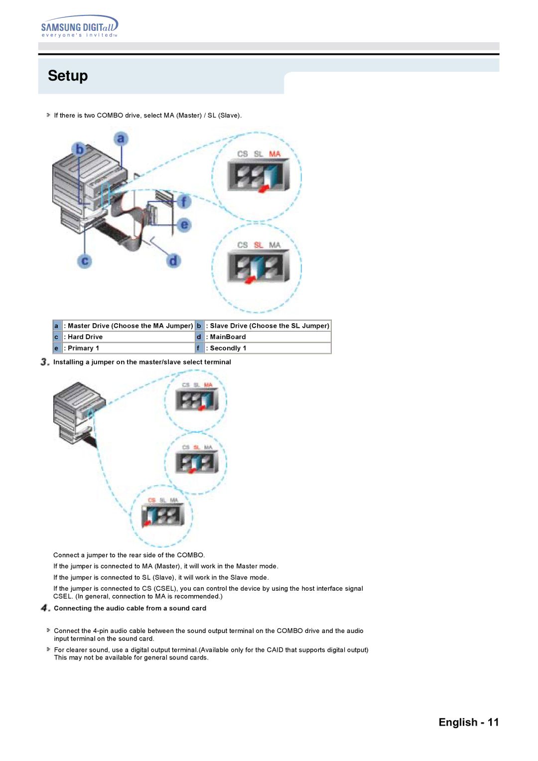 Samsung CD Player specifications Master Drive Choose the MA Jumper, Connecting the audio cable from a sound card 