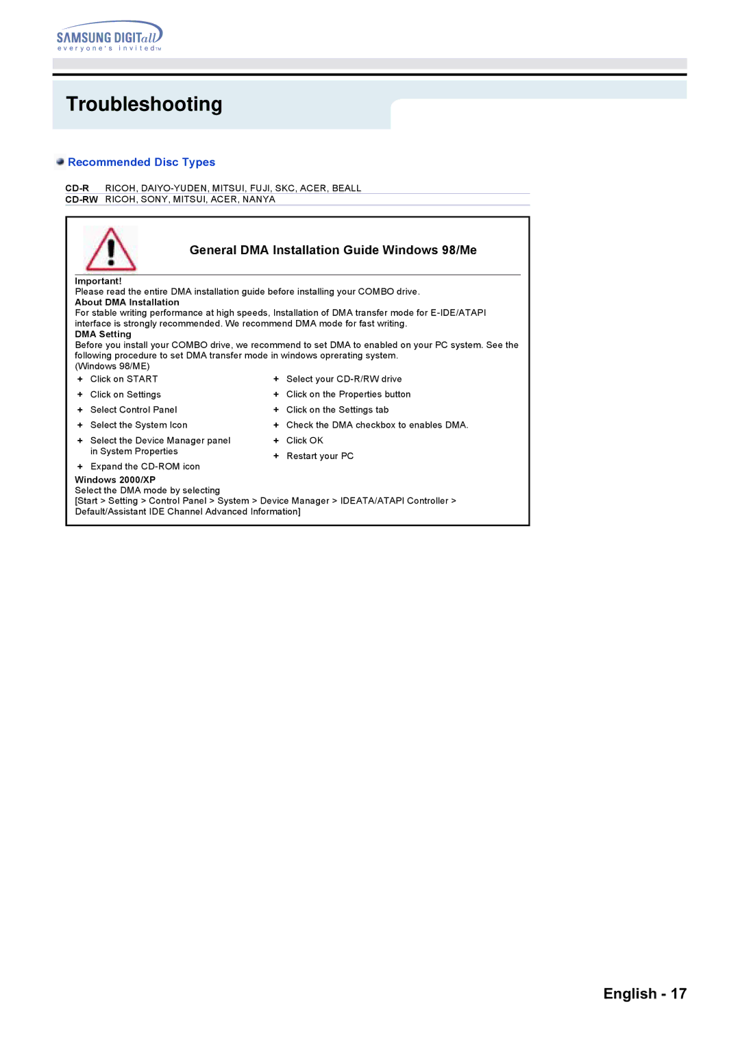 Samsung CD Player specifications Recommended Disc Types, About DMA Installation, DMA Setting, Windows 2000/XP 