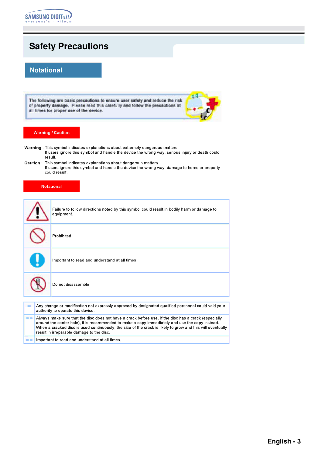 Samsung CD Player specifications Safety Precautions, Notational 