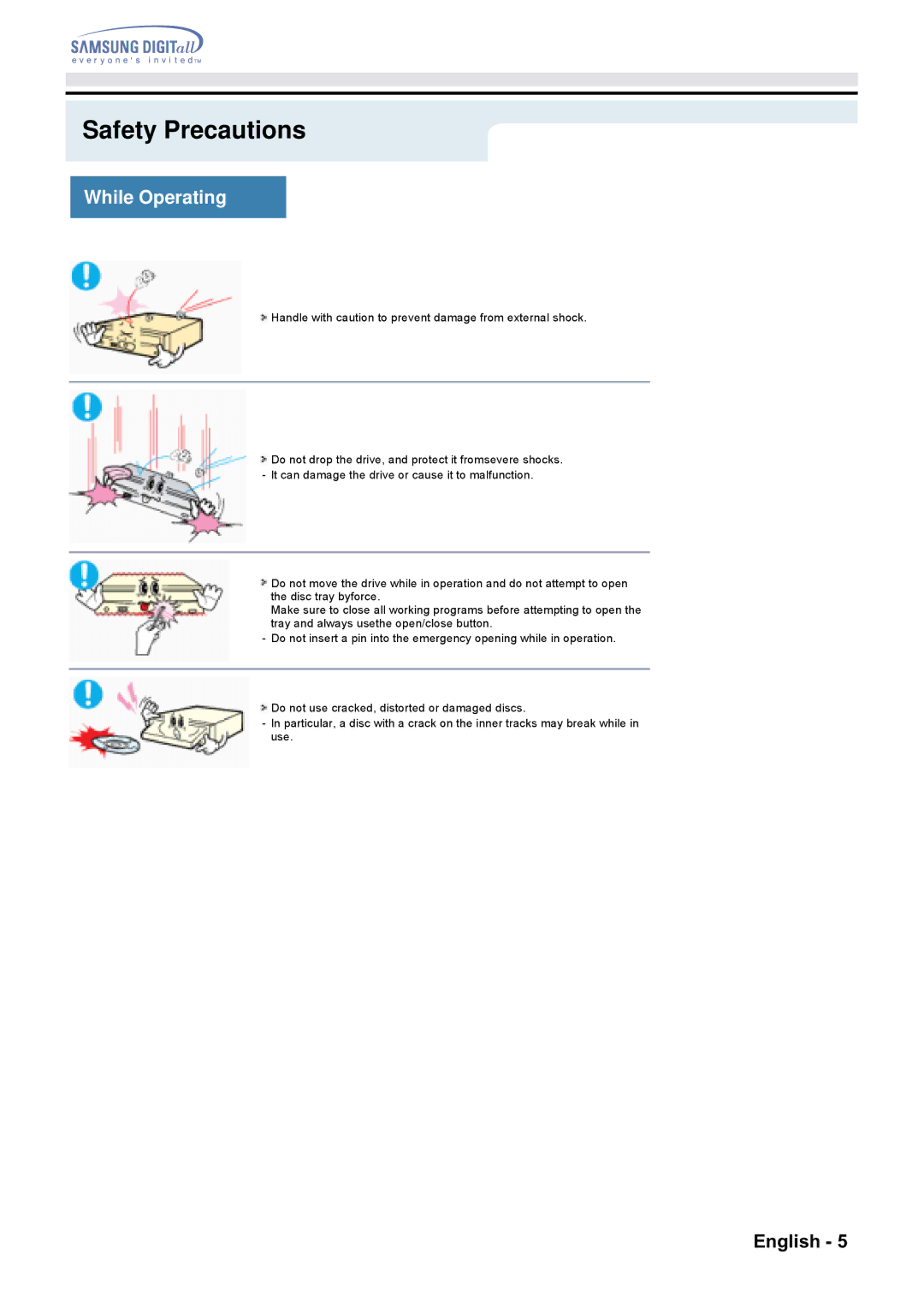 Samsung CD Player specifications While Operating, Handle with caution to prevent damage from external shock 