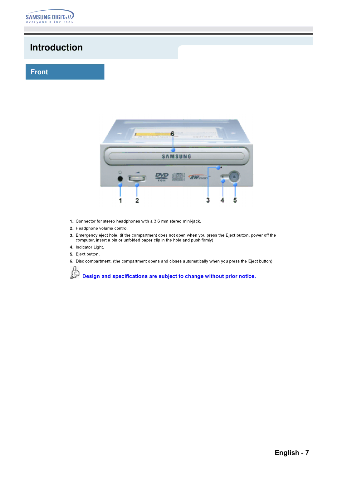 Samsung CD Player specifications Introduction, Front 