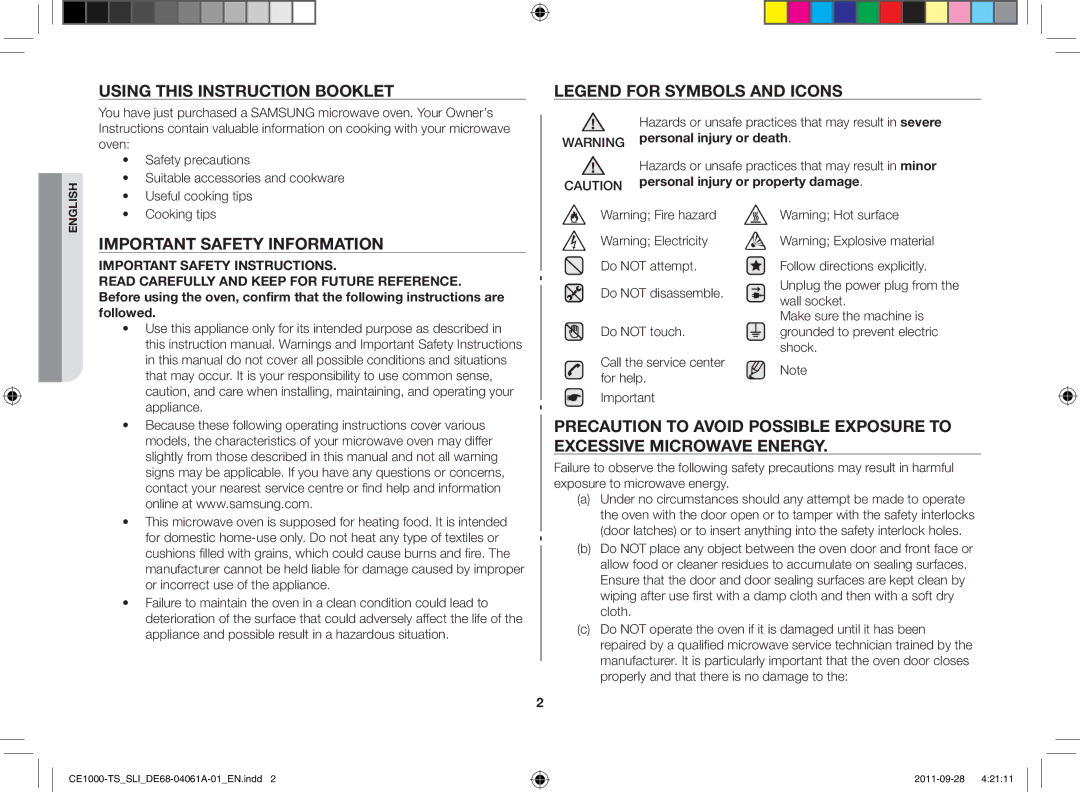 Samsung CE1000-TS/SLI Using this instruction booklet, Important safety information, Personal injury or property damage 