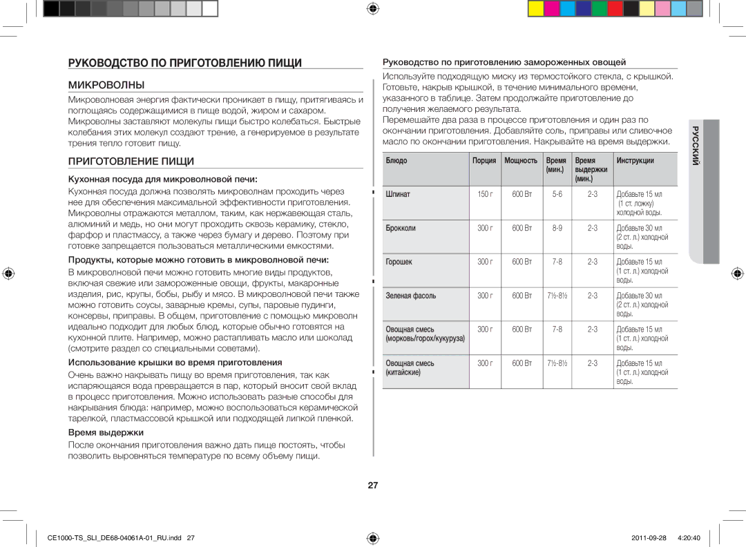 Samsung CE1000-TS/SLI manual Руководство по приготовлению пищи, Микроволны, Приготовление Пищи 