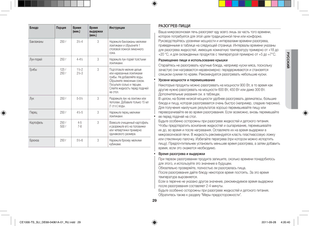 Samsung CE1000-TS/SLI manual Разогрев Пищи, Размещение пищи и использование крышки, Уровни мощности и перемешивание 