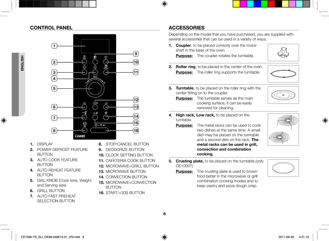 Samsung CE1000-TS/SLI manual Control panel Accessories, Dial Knob Cook time, Weight and Serving size 