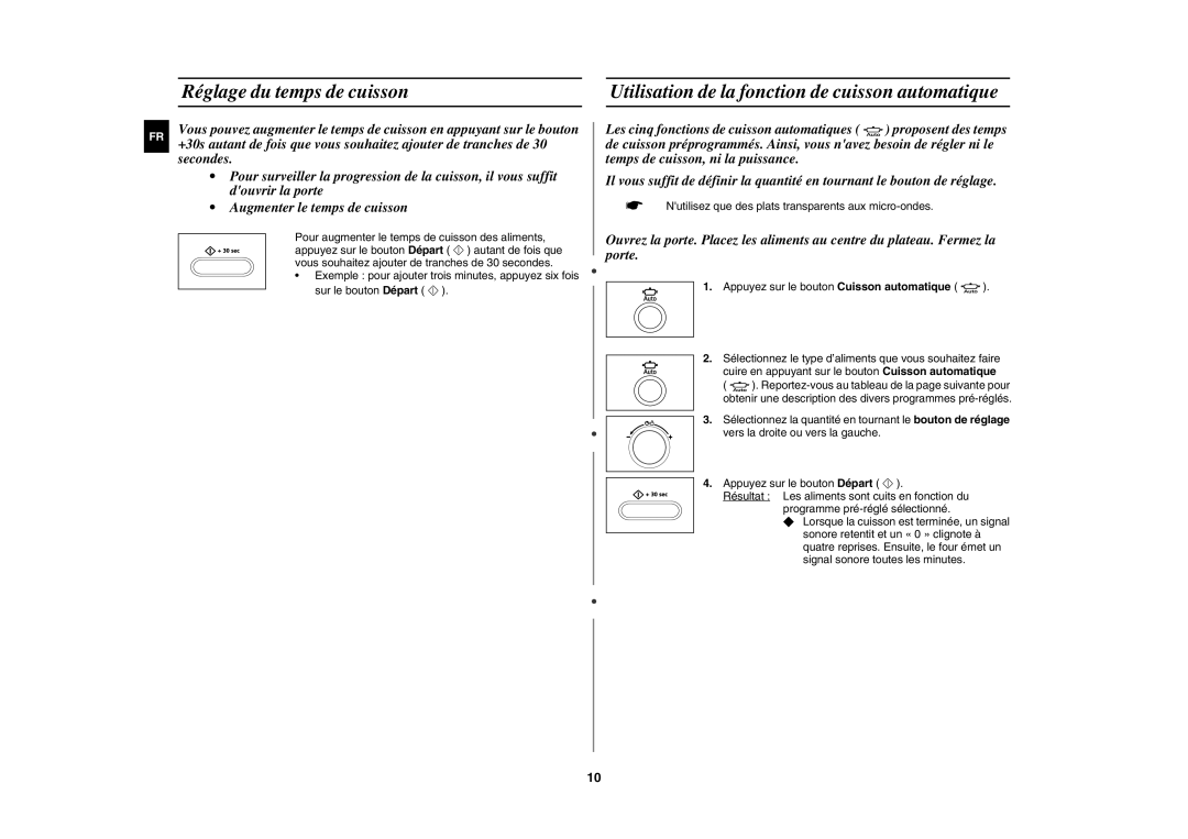 Samsung CE1000-T/XEF, CE1000-TB/XEF manual Réglage du temps de cuisson, Utilisation de la fonction de cuisson automatique 