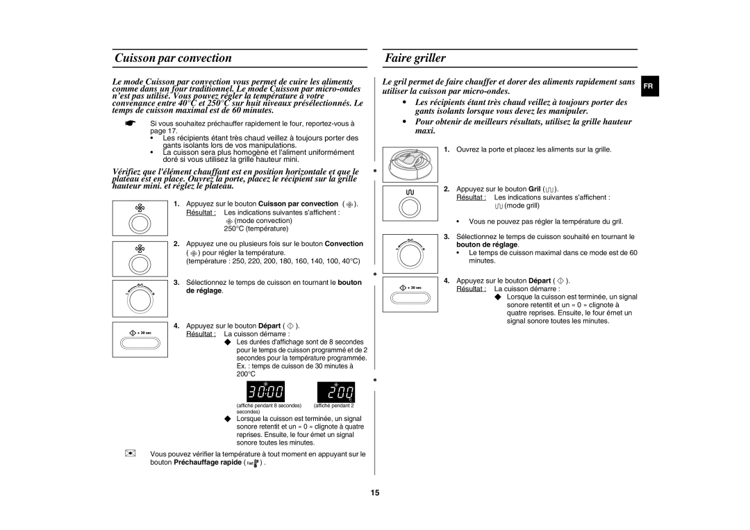 Samsung CE1000-TB/XEF, CE1000-T/XEF manual Cuisson par convection, Faire griller, Bouton de réglage 