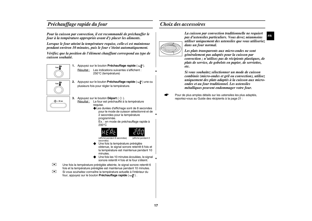 Samsung CE1000-TB/XEF, CE1000-T/XEF manual Préchauffage rapide du four, Choix des accessoires 