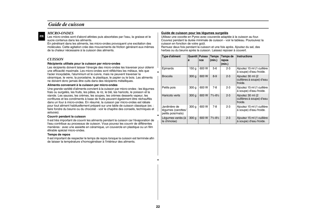 Samsung CE1000-T/XEF, CE1000-TB/XEF manual Guide de cuisson, Micro-Ondes, Cuisson 